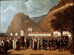 Verovering van Algerije (1830-1847): de onderwerping van Abd el Kader (Abd-el-Kader of ibn Muhyi al-Din al-Hasani (al Din al-Hasani) (1808-1883) aan de hertog van Aumale en het Franse leger op 24/12/1847 - Schilderij door Regis Augustin (1813-1880) 19e eeu