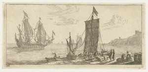Baai met een hoeker en een oorlogsschip