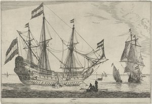 Groot zeilschip en een roeiboot