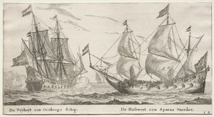 Schepen van Amsterdam: De Vrijheid, een oorlogsschip. De Wolfshond, een Spaans schip door Reinier Nooms
