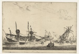 Twee gekielde zeilschepen Dertien scènes met schepen (series title) door Reinier Nooms