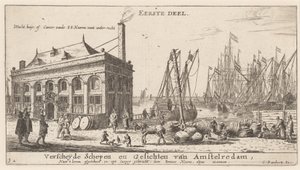 Uitzicht op de Haven van Amsterdam met het Kantoor van de Waterautoriteit (Titelpagina) door Reinier Nooms, called Zeeman