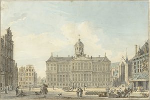 Amsterdam, de Dam met het Stadhuis en de Waag door Reinier Vinkeles (I)