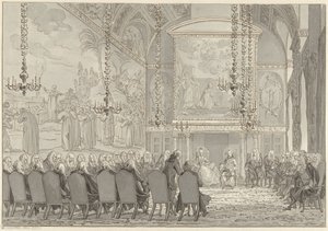 Ontvangst van Prins Willem V en Wilhelmina van Pruisen in de Raadzaal van het Stadhuis van Amsterdam door Reinier Vinkeles (I)