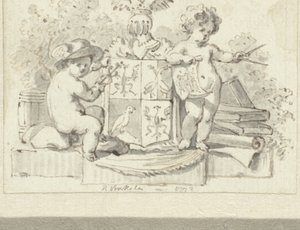 Twee putti, met passer en aesculaap, bij het familiewapen van Schoemaker door Reinier Vinkeles (I)