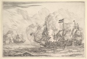 Zeeslag met Drie Schepen aan de Rechterkant, uit Zeeslagen Nieuwe Scheepsgevechten