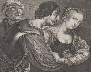 De koppelaarster: een oude vrouw, een soldaat en een vrouw, ca. 1635-68