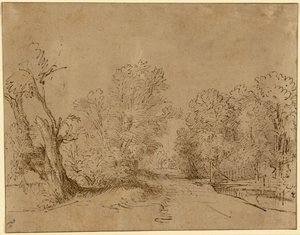 Een bosrijke weg door Rembrandt Harmensz. van Rijn