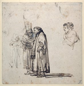 Een groep oudere geleerden en, afzonderlijk, een jonger mannenprofiel door Rembrandt Harmensz. van Rijn