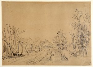 Een hoofdweg die door bomen naar een huis leidt (twee bruggen en poorttoegangen naar de dijk) door Rembrandt Harmensz. van Rijn