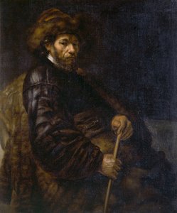 Een zittende man met een stok door Rembrandt Harmensz. van Rijn