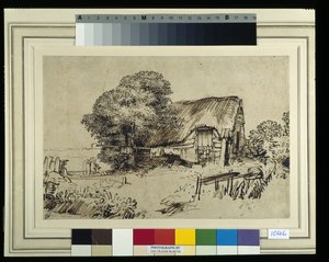 Een huisje met rieten dak bij een grote boom, een figuur zittend buiten, ca. 1648-52 door Rembrandt Harmensz. van Rijn