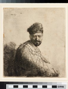 Baardige man in oosterse bontmuts: de vader van de kunstenaar door Rembrandt van Rijn