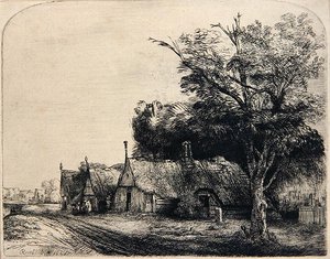 Landschap met drie hutten