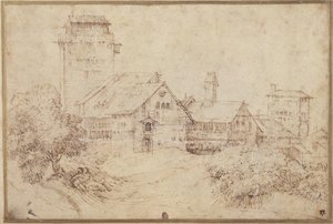 Landschap met gebouwen en geliefden, omhelzend, naar Titian