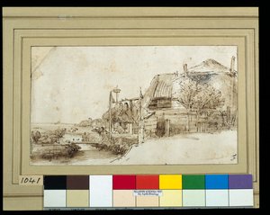 Landschap met boerderijgebouwen aan de rechterkant