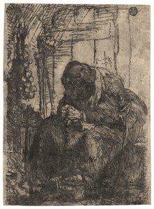 Oude vrouw zittend in een huisje met een snoer uien aan de muur, ca. 1629 (ets) door Rembrandt Harmensz. van Rijn