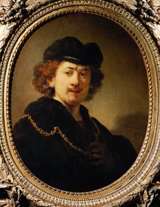 Portret van de kunstenaar met pet en gouden ketting