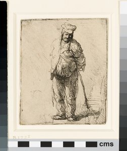 Haveloze boer met zijn handen achter zich, een stok vasthoudend door Rembrandt van Rijn