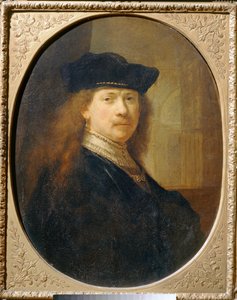 Rembrandt met koksmuts tegen een architectonische achtergrond ...