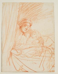 Saskia zittend in bed, een kind vasthoudend door Rembrandt van Rijn