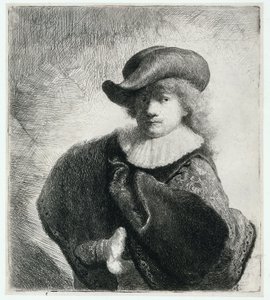 Zelfportret met een zachte hoed en een patroonmantel door Rembrandt Harmensz. van Rijn