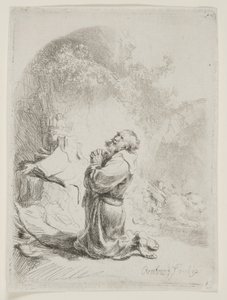 St. Hiëronymus biddend: Gebogen prent door Rembrandt van Rijn