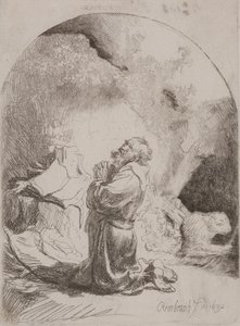 St. Hiëronymus biddend: gebogen prent door Rembrandt van Rijn