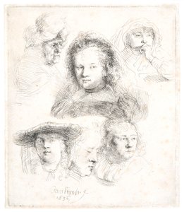 Studies van het hoofd van Saskia en anderen door Rembrandt Harmensz. van Rijn