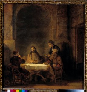 De pelgrims van Emmaüs Christus verschijnt aan de pelgrims die aan een tafel zitten in een herberg in Emmaüs. Schilderij door Harmensz van Rijn genaamd Rembrandt (1606-1669) 1648 - Pelgrims in Emmaüs ook wel het Avondmaal in Emmaüs genoemd. Christus versch