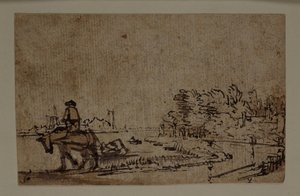 Gezicht op de Amstel, met een paard dat een schuit sleept, ca. 1650 door Rembrandt Harmensz. van Rijn