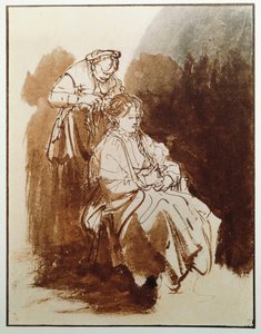 Jonge vrouw bij haar toilet. Het haar van een oude dienstmeid. (Inkttekening, ca. 1635) door Rembrandt van Rijn