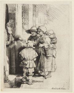 Een blinde draailierspeler en zijn gezin die aalmoezen ontvangen door Rembrandt van Rijn