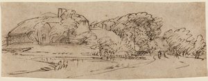 Een landschap met boerderijgebouwen tussen de bomen door Rembrandt van Rijn