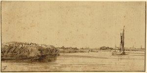 Een Zeilboot op een Wijde Wateroppervlakte, c.1650 door Rembrandt van Rijn
