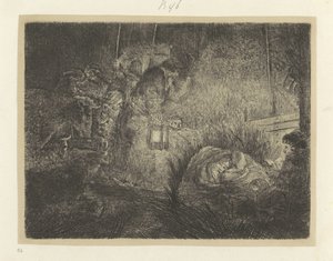 Aanbidding der herders: nachtstuk door Rembrandt van Rijn