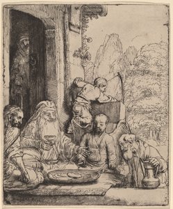 Abraham ontvangt de engelen door Rembrandt van Rijn