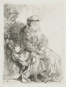 Abraham streelt Isaac door Rembrandt van Rijn