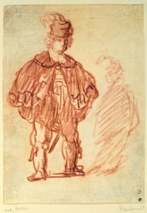 Een acteur staand door Rembrandt van Rijn