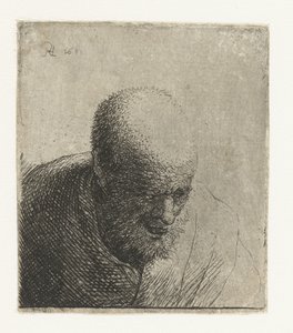 Kale man met open mond, naar beneden kijkend: buste door Rembrandt van Rijn