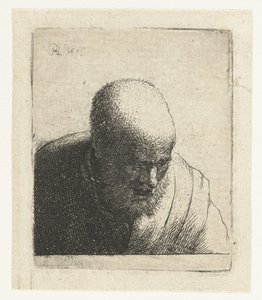 Kale man met open mond, naar beneden kijkend: buste door Rembrandt van Rijn