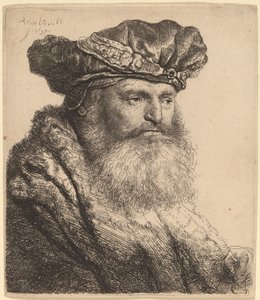 Bebaarde man in een fluwelen muts met een juweel