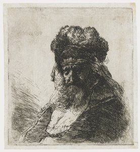 Bejaarde man met baard in een hoge bontmuts, met gesloten ogen door Rembrandt van Rijn