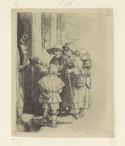 Bedelende familie ontvangt een aalmoes aan de deur van een huis door Rembrandt van Rijn