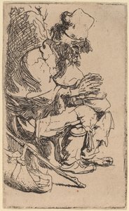 Bedelaar zittend zijn handen warmend aan een stoof door Rembrandt van Rijn