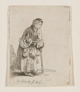 Bedelende vrouw leunend op een stok door Rembrandt van Rijn