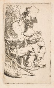 Een bedelaar zit zijn handen te warmen aan een warmhoudpan door Rembrandt van Rijn