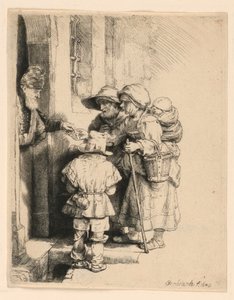 Bedelaars ontvangen aalmoezen aan de deur van een huis