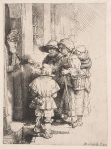 Bedelaars die aan de deur van een huis aalmoezen ontvangen door Rembrandt van Rijn