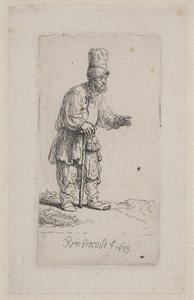 Boer leunend op een stok door Rembrandt van Rijn